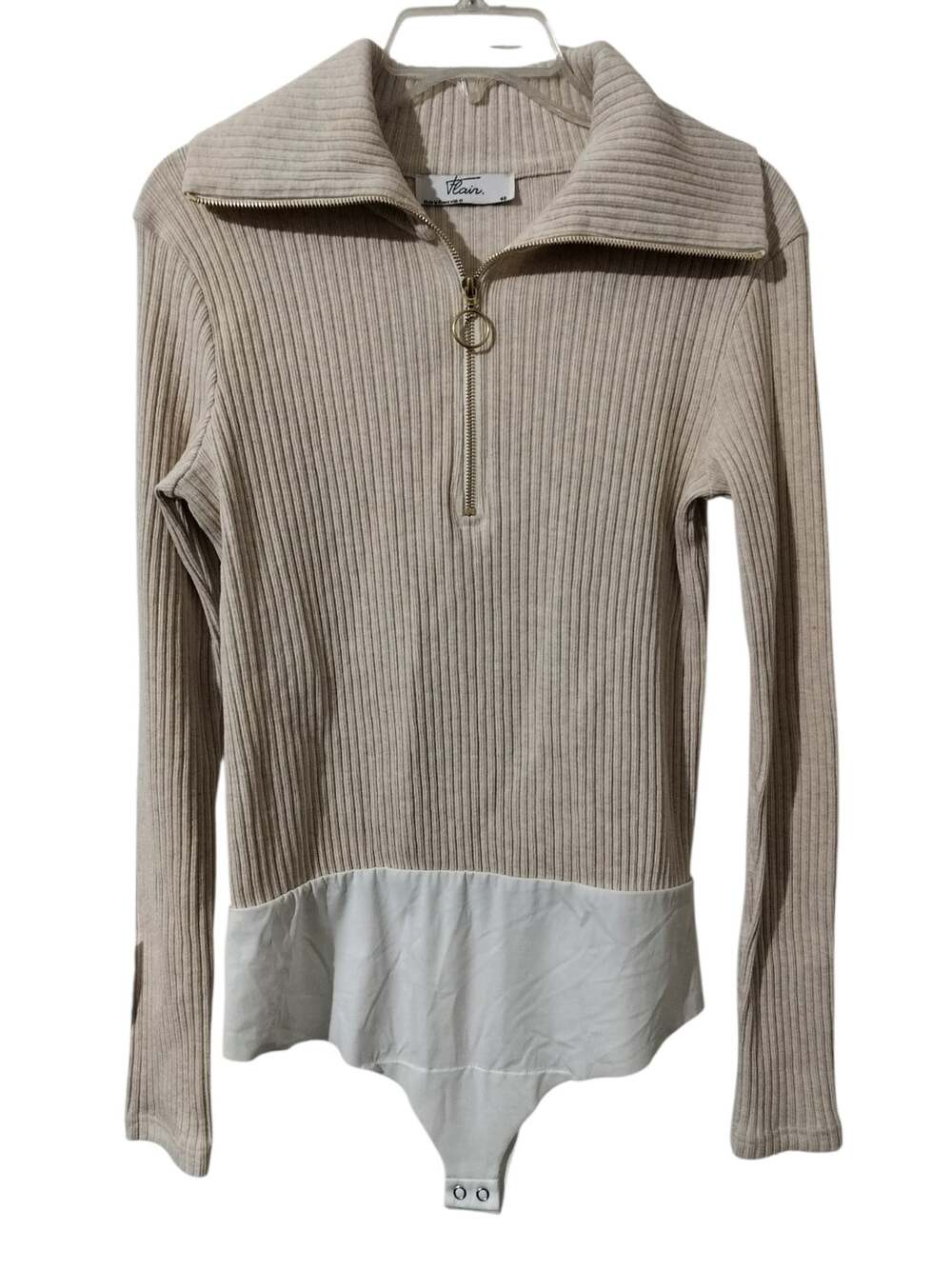 6197) Vintage Flair France Beige Ribbed Knit Half Zip Sweater Bodysuit Size FR40